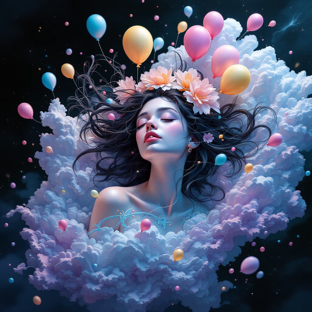 AI generated: Generate a 3d painting of a girl made out of opal, floating peacefully with colorful clouds and ball...