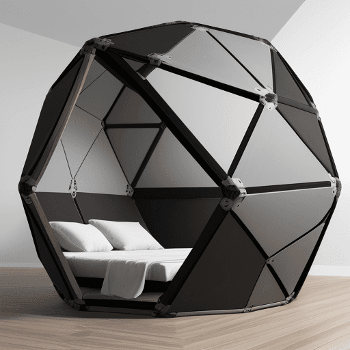 AI generated: multifunctional space with geodesic cover masculine atmosphere in gray and black wood finishes