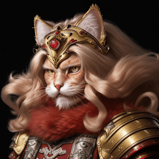 AI generated: red land crab anthropomorphic old cat warrier (long haired, wind, epic fur, gold and diamond armour)...