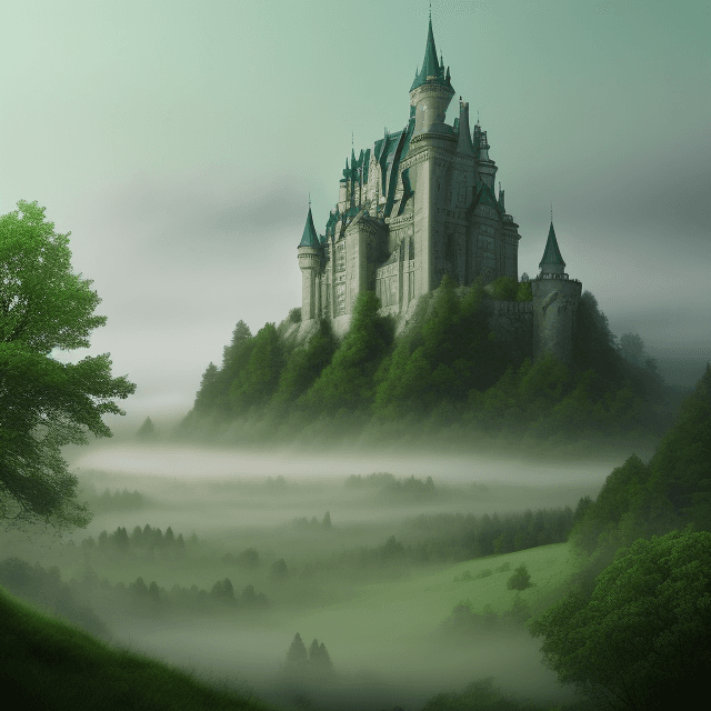 AI generated: 
this is a book cover, it shows a castle, green color, fog, trees