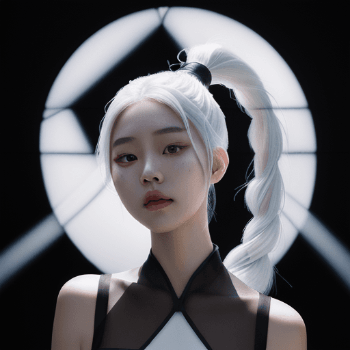 AI generated: (stained glass dress:1.5), blacklight, (beautiful young Korean woman, with white hair in a braided p...