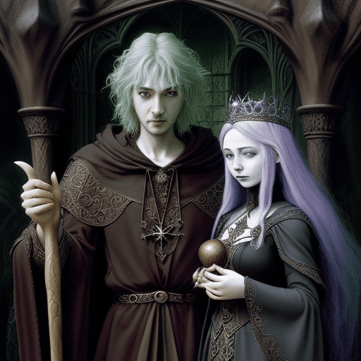 AI generated: "A wizard and his friend a elvin gothic queen in a fantasy world. Gothic Art, Artist: {randomly sele...