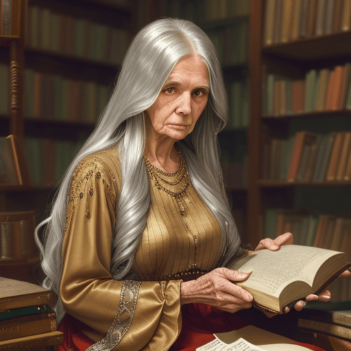 AI generated: Old woman with long silver hair, wearing a gold blouse with long sleeves, long red skirt, multiple c...