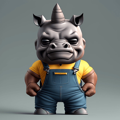 AI generated:  boss strong rhino wearing overalls, small smile, funko pop render, big head, small body, hands in p...