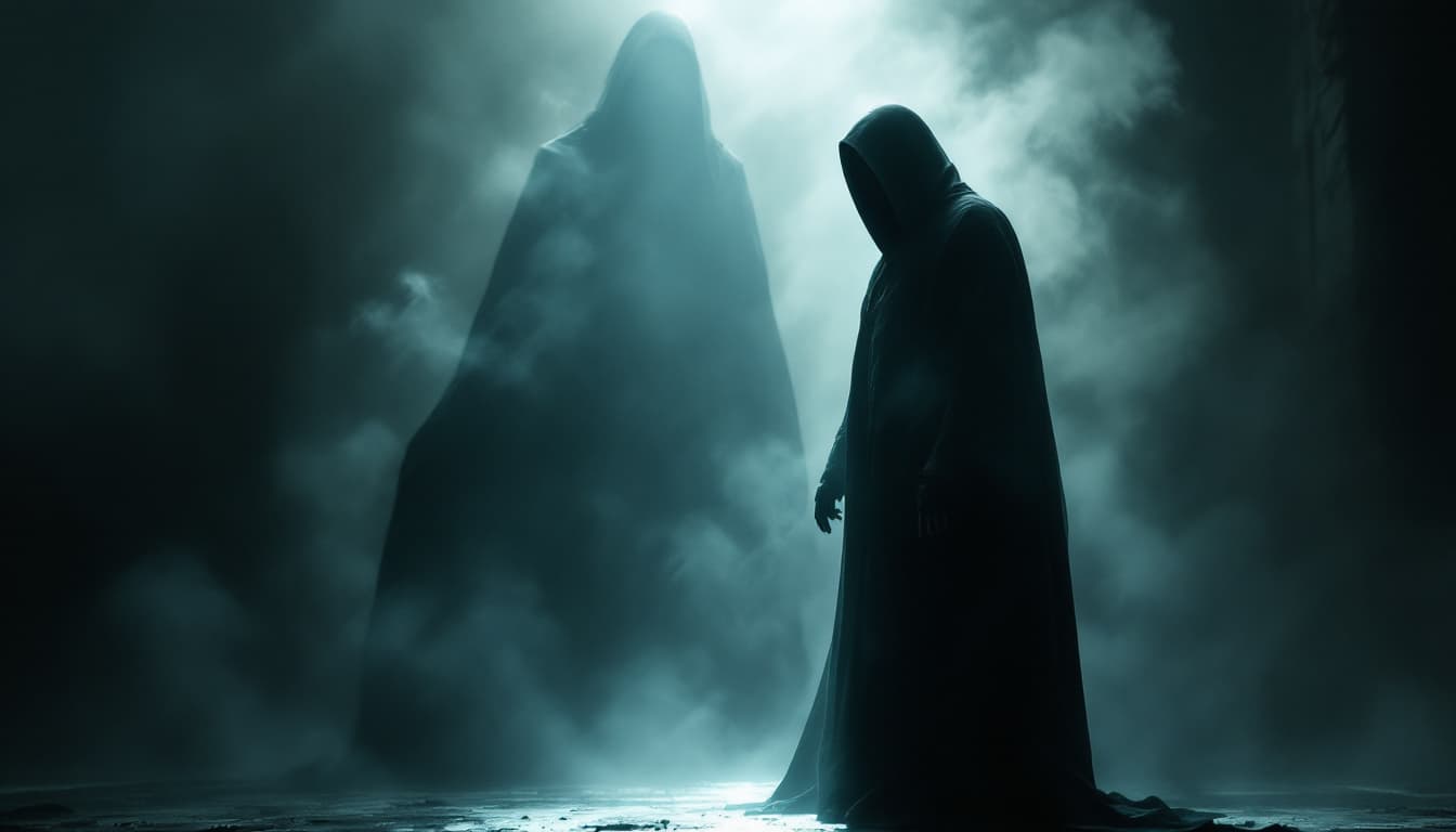 AI generated: A gothic scene unfolds with a vampire enshrouded in a ghostly robe, his form emerging from the smoke...