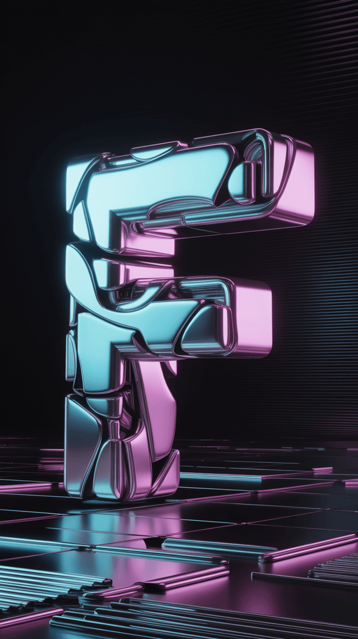 AI generated: "Design the letter 'F' as a bold 3D sculpture made of floating metallic fragments, hovering in mid-a...