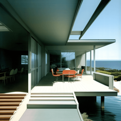 AI generated: Hyper realistic eye level exterior photo of a mid century modern style house overlooking the ocean, ...