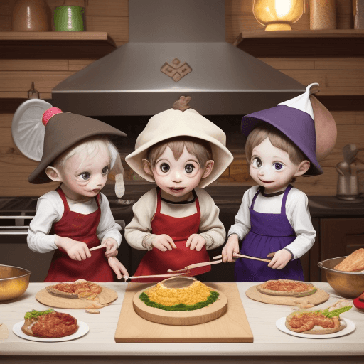 AI generated: create a group of a dozen kobold children of varying ages what are in cookery themed dress