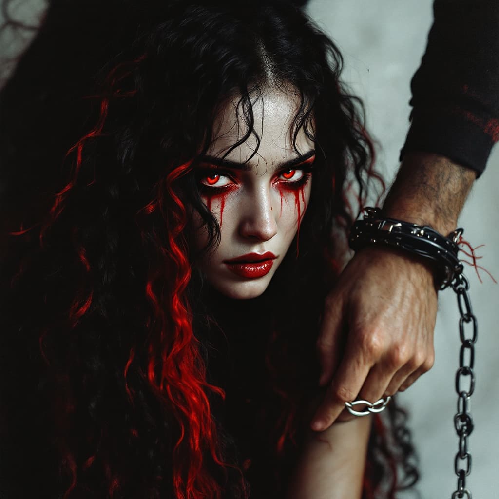 AI generated: With a mane of long, curly black and red hair cascading down her back, her piercing red eyes shine b...