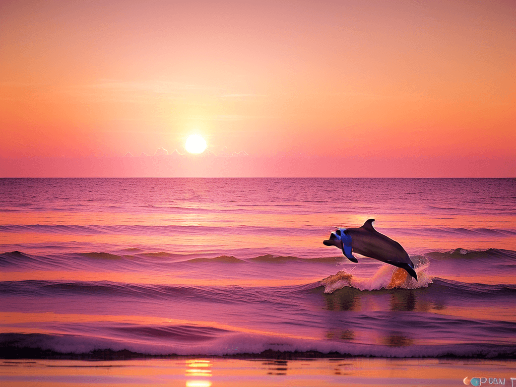 AI generated: pink gold colored sunset, cloudy, extremely calm sea, one dolphin jumping out the sea at the distanc...