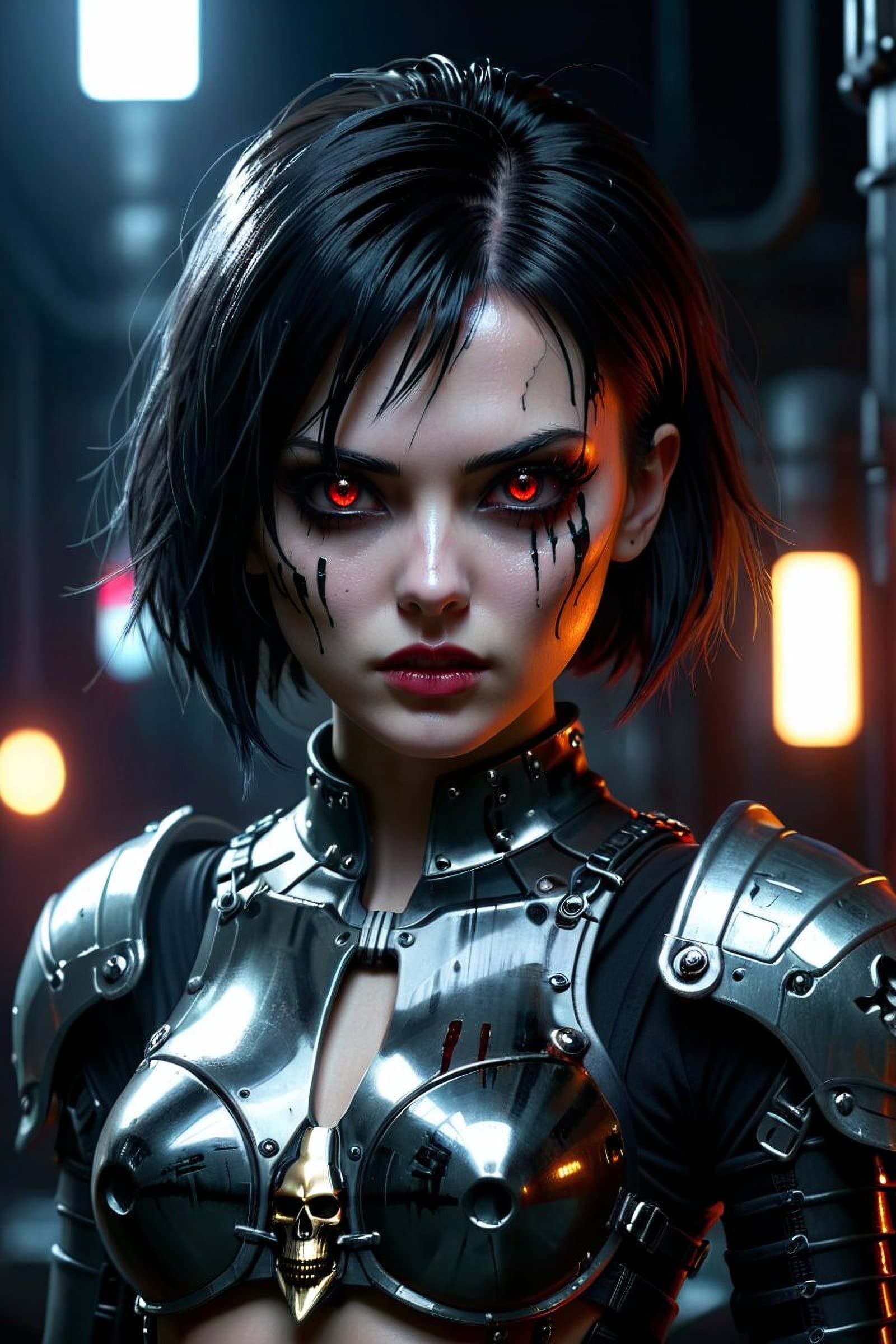 AI generated: girl, cyberpunk augmentation, cyberware, cyborg, carbon fiber, chrome, implants, metall skull, blood...