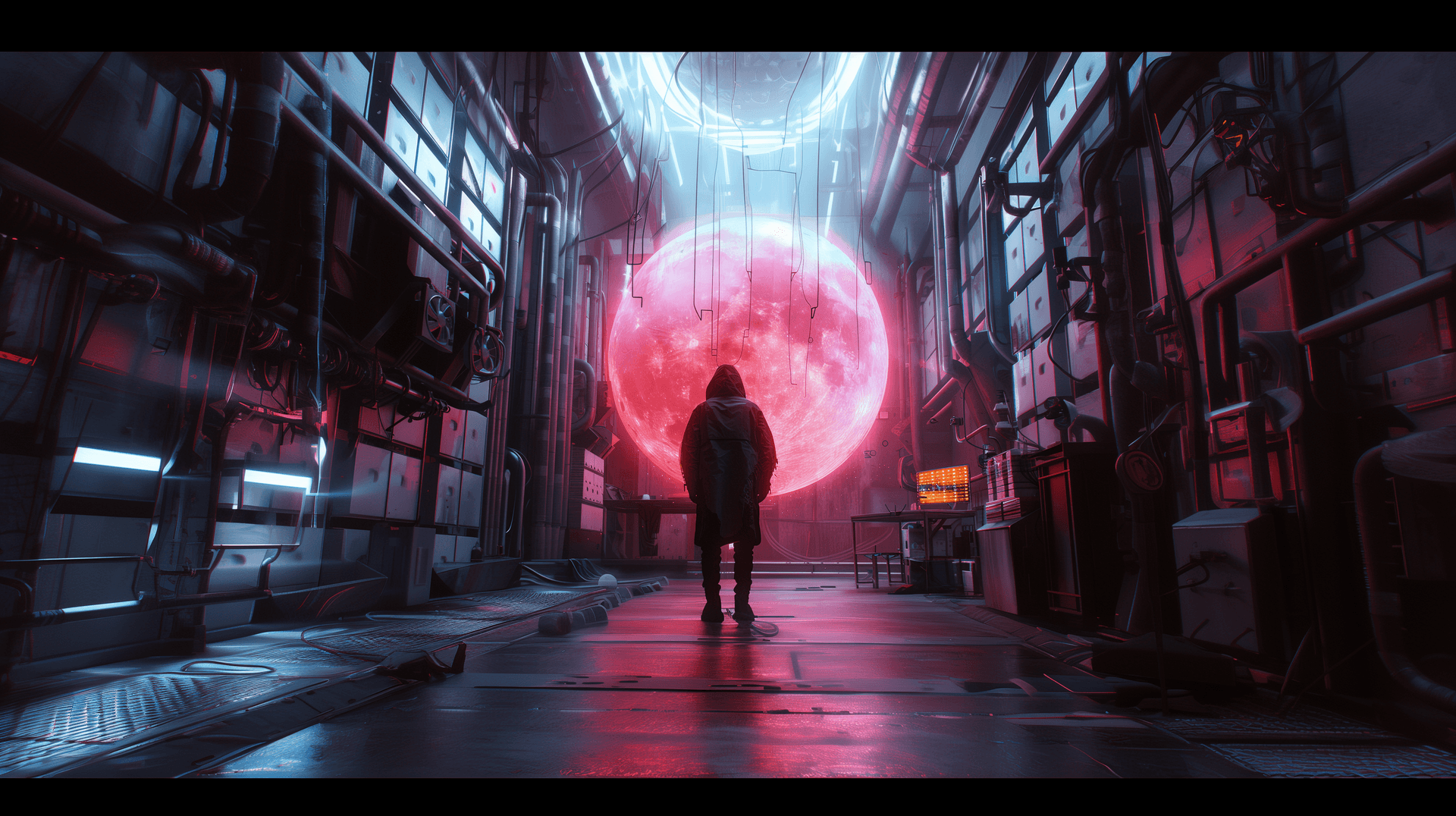 AI generated: hoodie man, huge High-tech equipment room, Facing a huge ball of light 10 meters high, It's covered ...