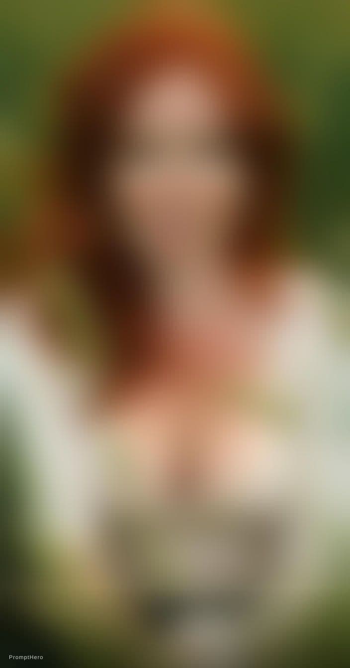 AI generated: A photorealistic portrait of a woman with vibrant, fiery red, wavy hair, seated in a field of tall g...