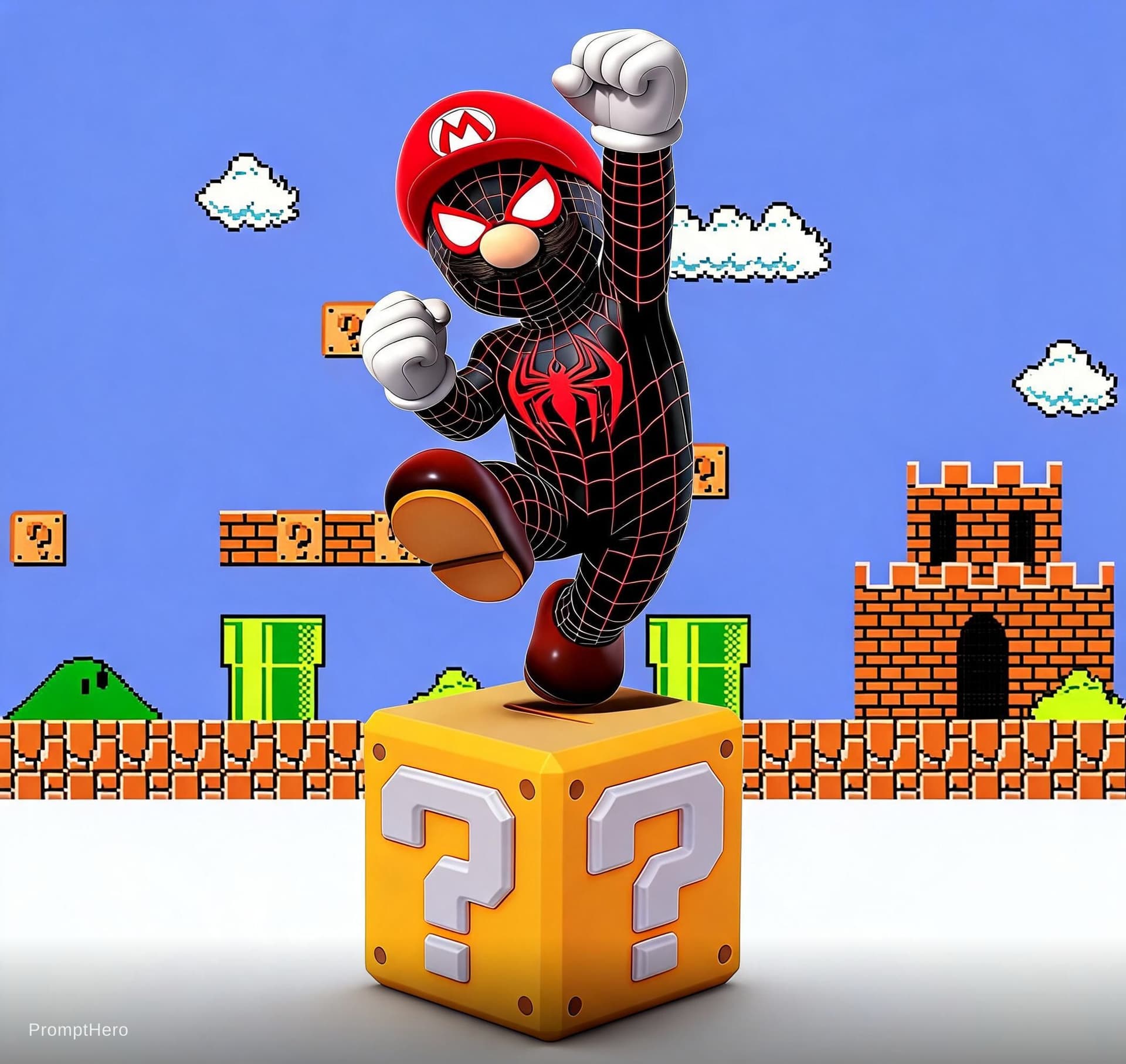 AI generated: Use the provided character-on-cube image and the provided retro platformer background image exactly ...
