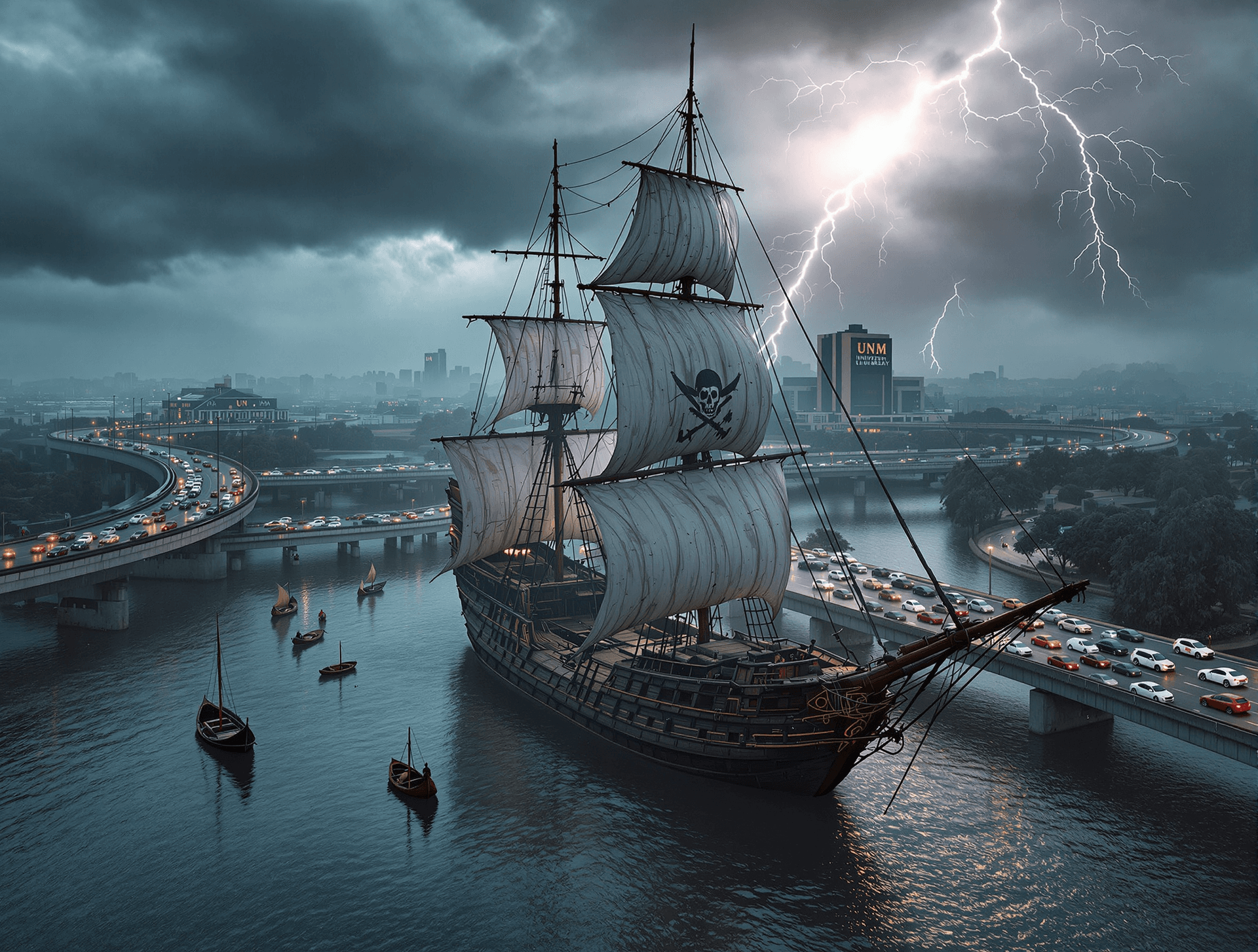 AI generated: Create a hyper-realistic bird’s-eye view of a 16th-century pirate ship stranded in the middle of a f...
