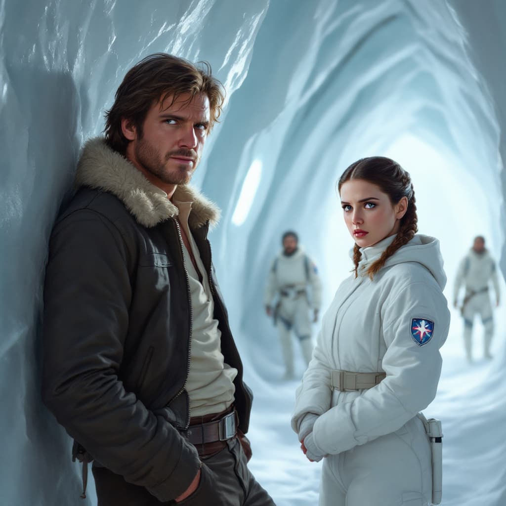 AI generated: "Create a digital painting of a dramatic and intimate scene set in the icy South Passage of Echo Bas...