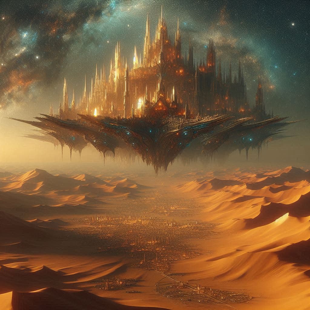 AI generated: Massive ethereal fantasy ship hovering above the desert of Arabian nights. At far distance lies a ma...