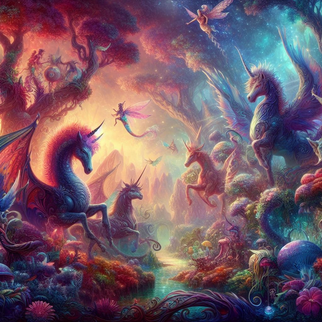 AI generated: Fantasy Wonderland, Vibrant Colors, Mythical Creatures, Ethereal Landscape, Magical Glow, Enchanting...