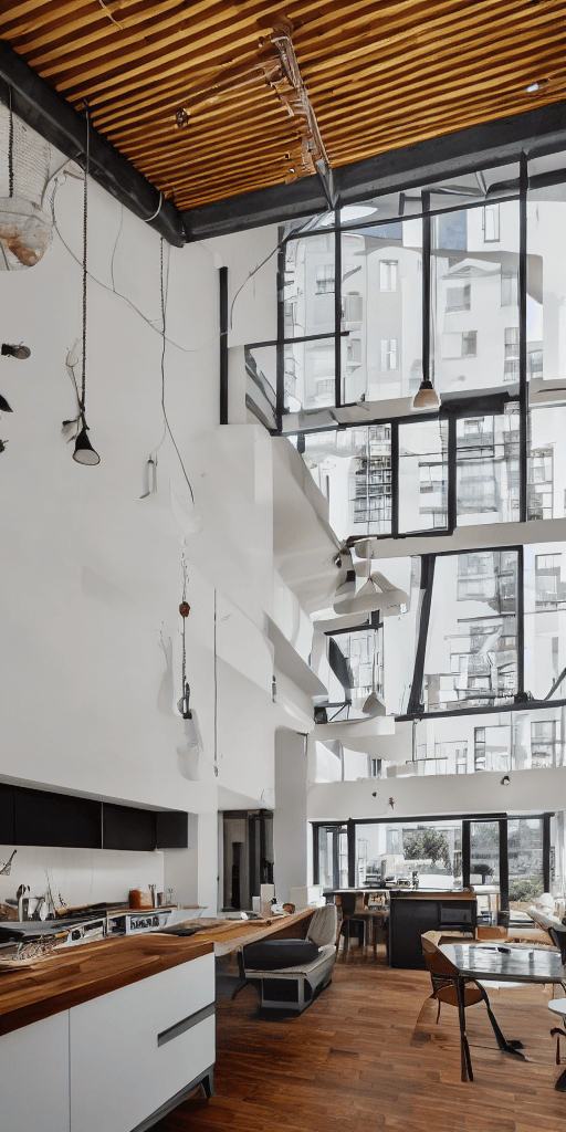 AI generated: interior design, open plan, kitchen and living room, modular furniture with cotton textiles, wooden ...