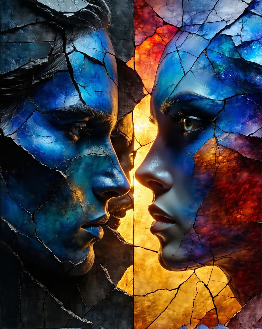 AI generated: Two faces meet on the threshold, one male and one female—mirrored but not the same. One cast in deep...