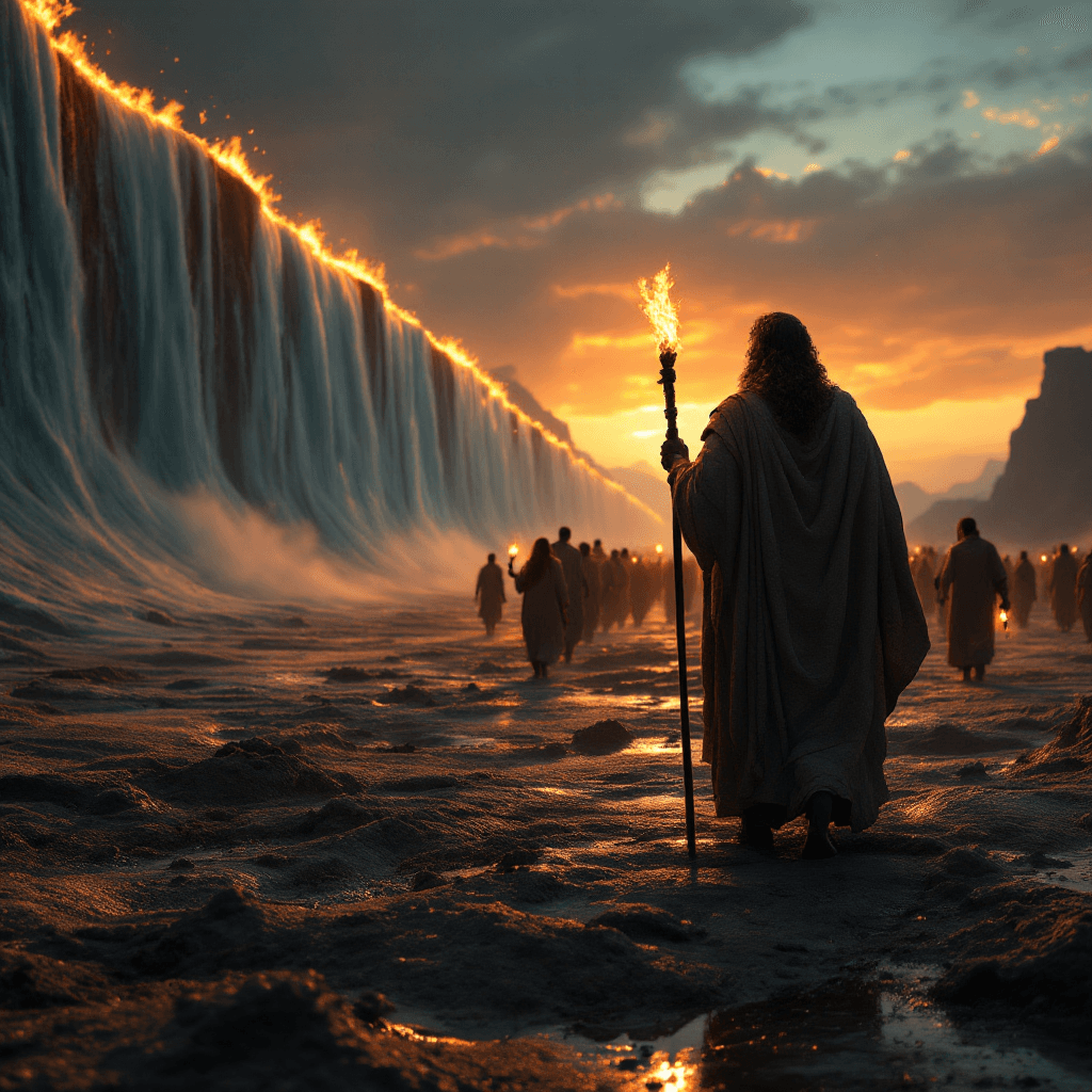AI generated: A wide-angle view of Moses holding a staff, standing before a miraculous wall of water on both sides...