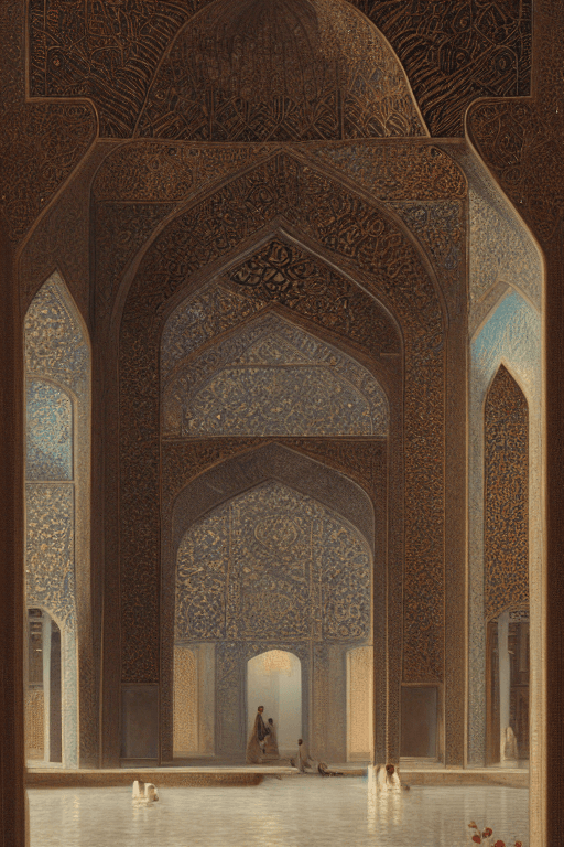 AI generated: Persian architecture, temple volume atrium light full of rose, hanging gardens, architecture in Isfa...