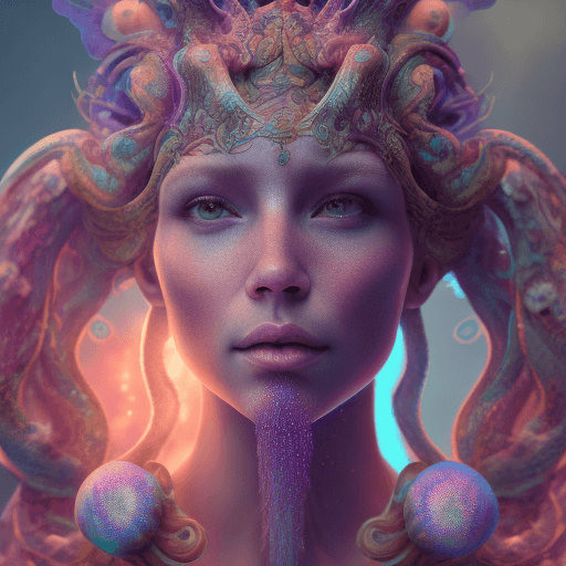 AI generated: Goddess close-up portrait ribcagel. jellyfish phoenix head, nautilus, orchid, skull, betta fish, bio...