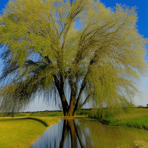 AI generated: Texas countryside, flowers, a willow tree, a pond, nice day with blue sky, 
