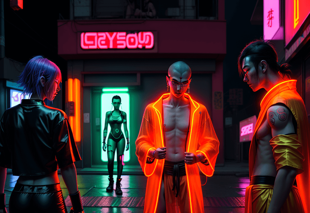 AI generated: young cyberpunk buddhist fighting with two people on a neon lit street standing arguing in his orang...