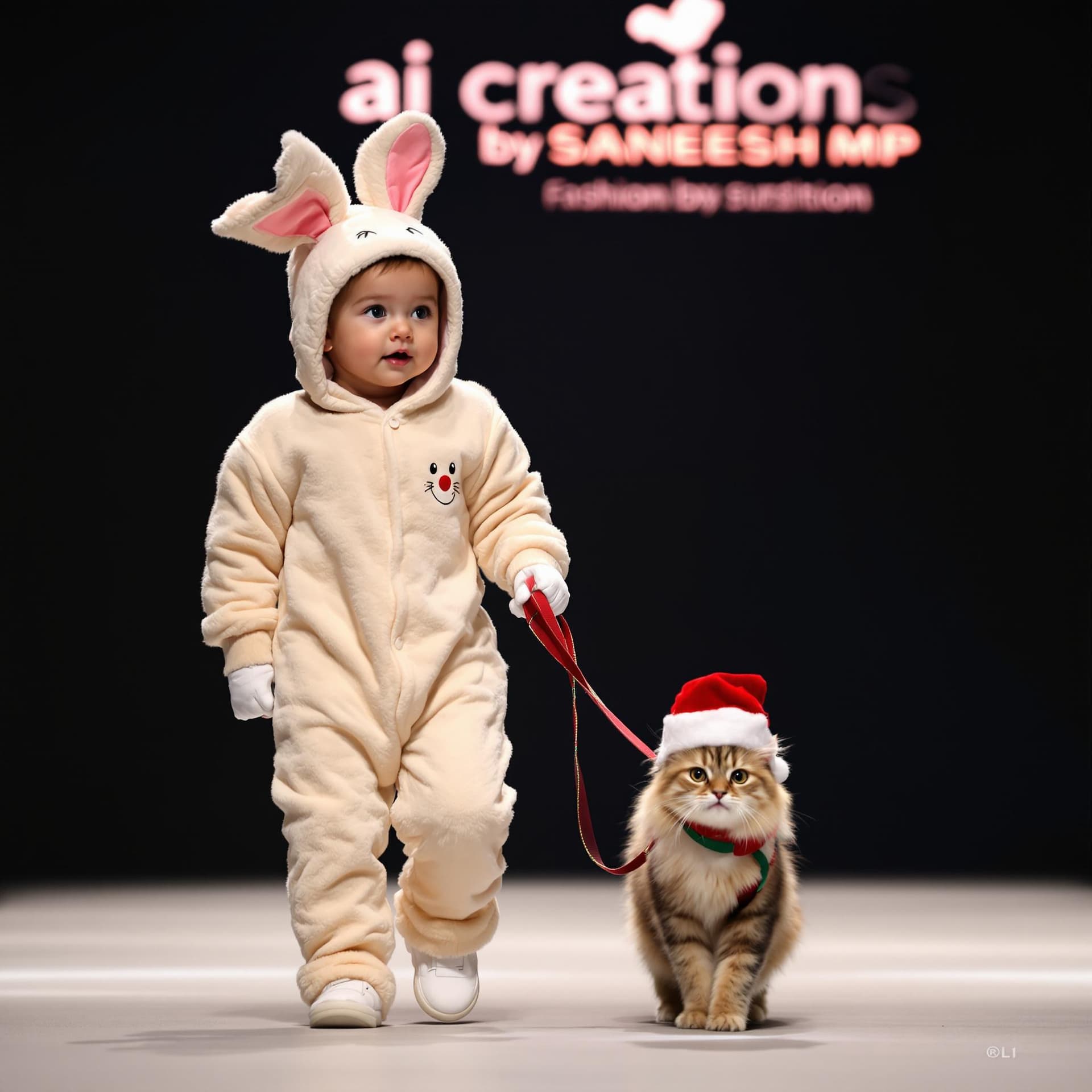 AI generated: A baby dressed in bunny pajamas leads a pet cat on a leash while walking at a Ai creations by SANEES...