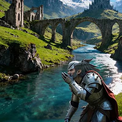 AI generated video: He drinks water, gets up, turns around, and walks toward the mountain. This maintains the consistenc...
