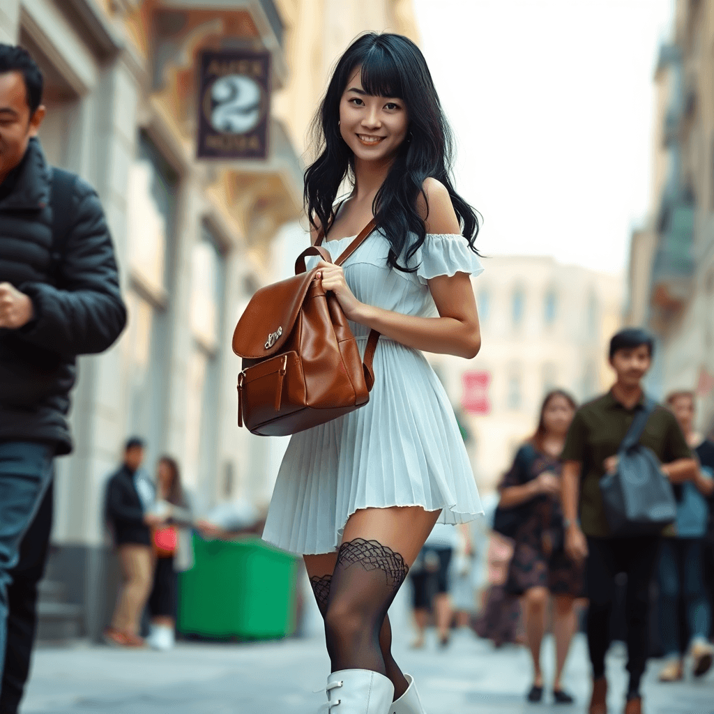 AI generated: A woman in a beautiful short white pleated dress with black hair is walking down a street with many ...