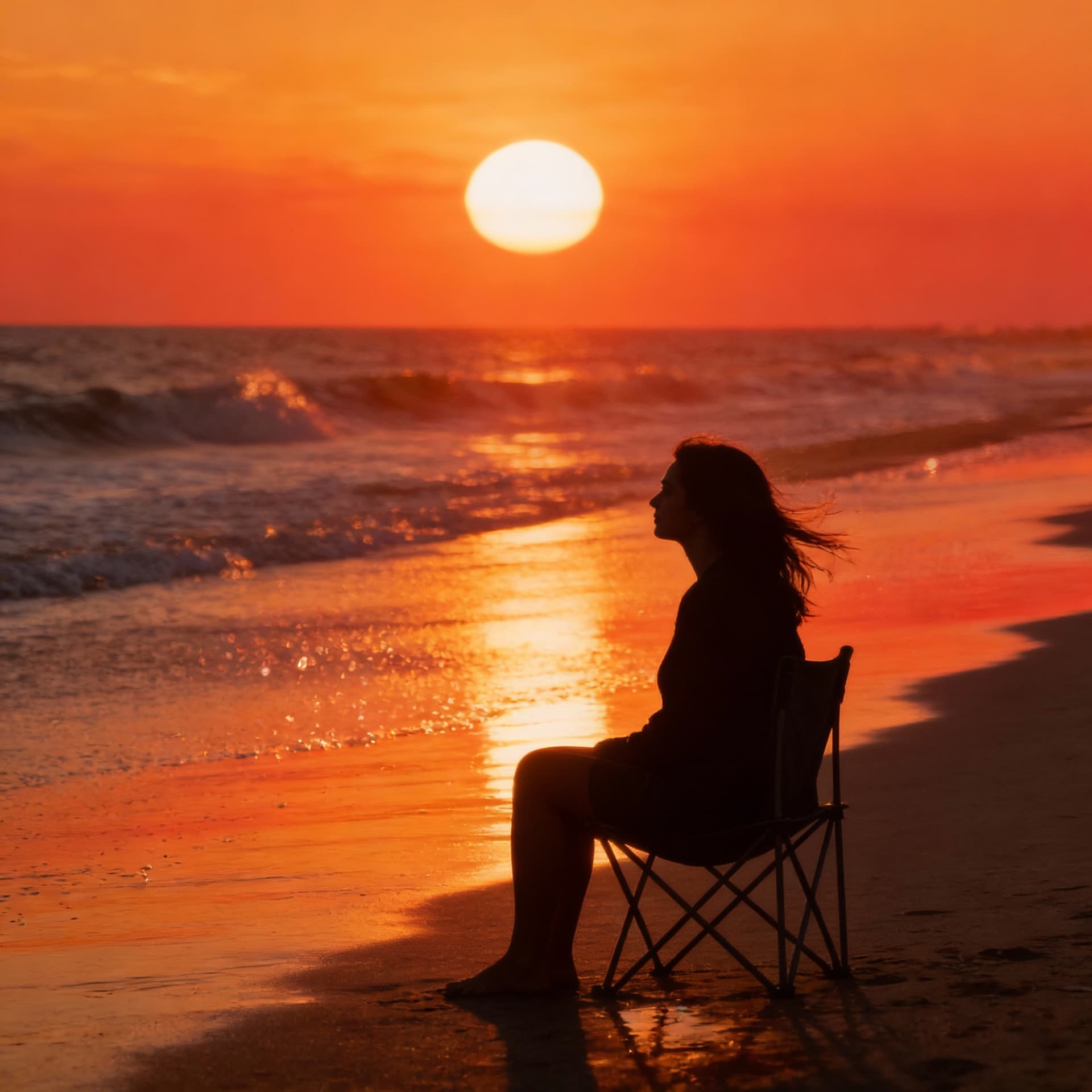 AI generated: cinematic seascape, warm color grading, long-lens compression, straight horizon, large sun near uppe...