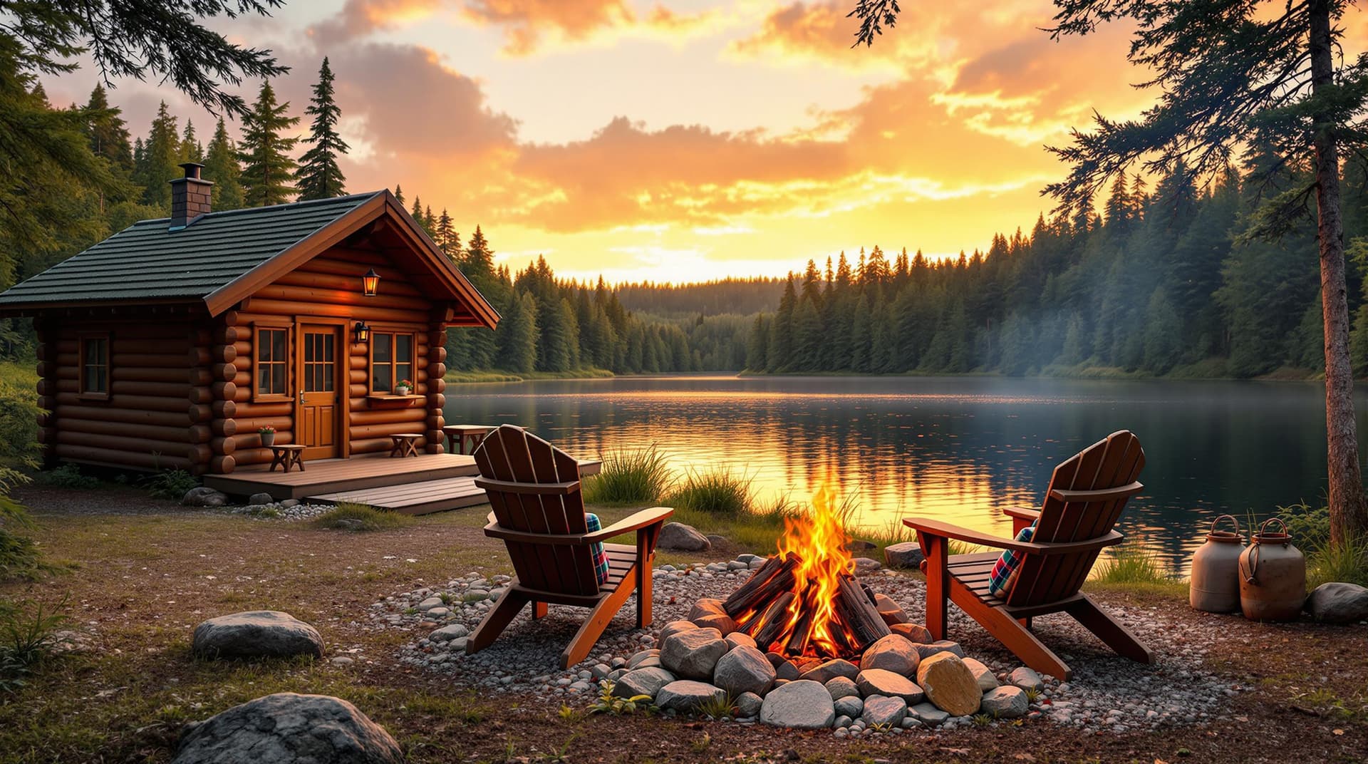 AI generated: A tranquil lakeside scene at sunset. A cozy wooden log cabin sits on the shore of a calm lake, surro...