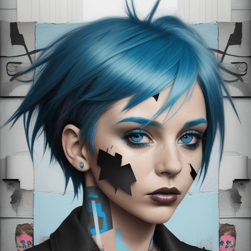 AI generated: woman with blue hair, in the style of multi-layered collages, edgy street art, celebrity-portraits, ...