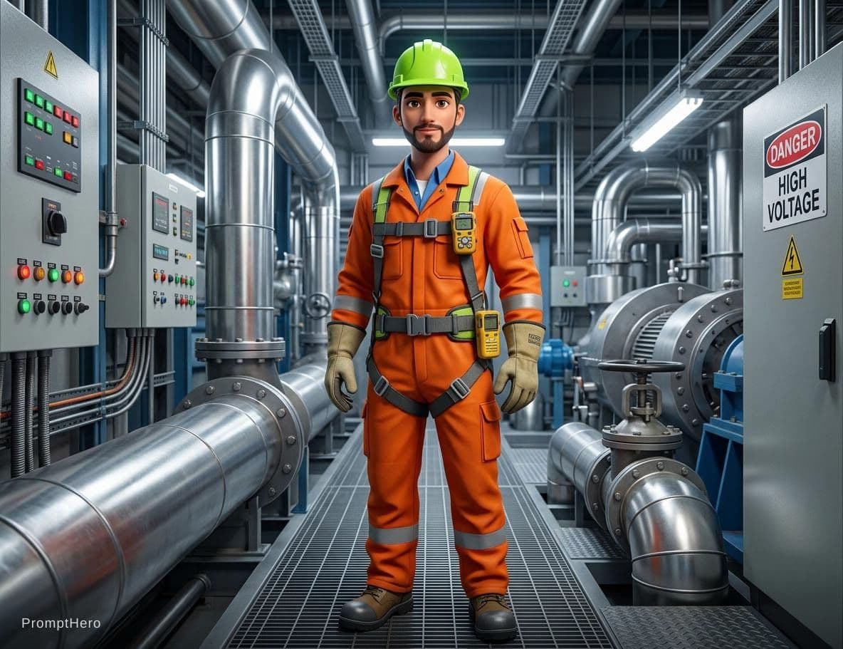 AI generated: A portrait of a young engineer, dressed fully on PPE and wearing safety green helmet  helmet on head...