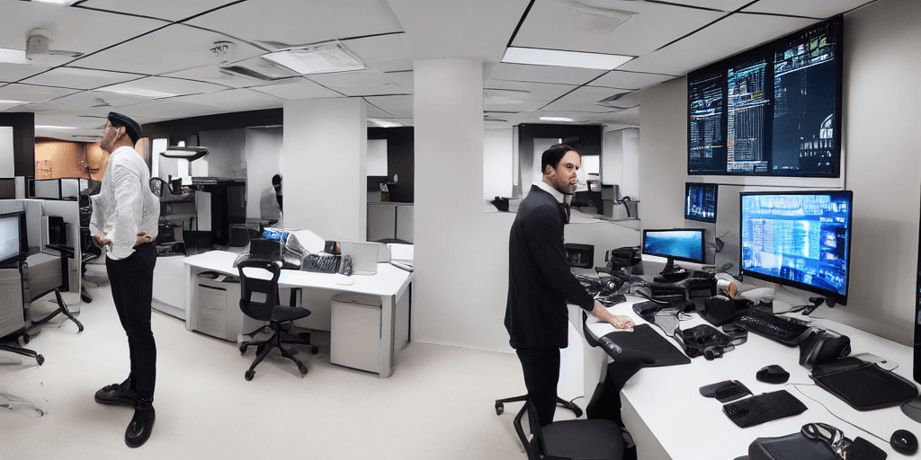 AI generated: a day trader wearing a bull cap, 4K, officee, very realistic, room with several computers, very shar...