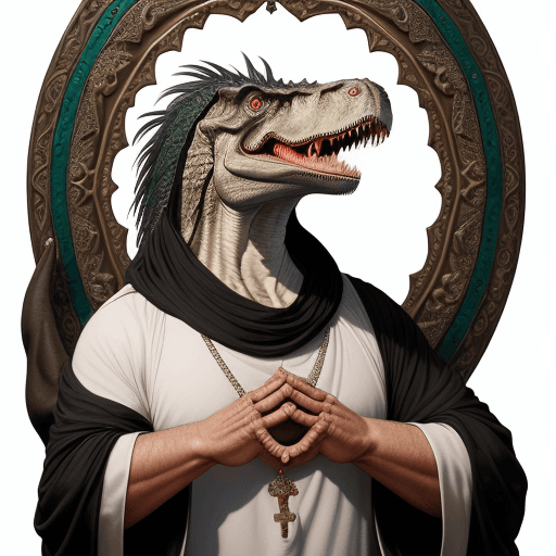 AI generated: a realistic tyrannosaurus rex, dressed in the mantle of a middle-eastern sufi master, with a rosary ...