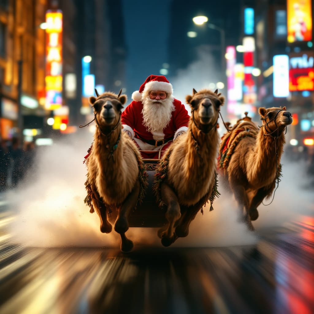 AI generated: Create a dynamic video sequence featuring a Santa Claus and The 3 Wise Men having a race with Santa'...