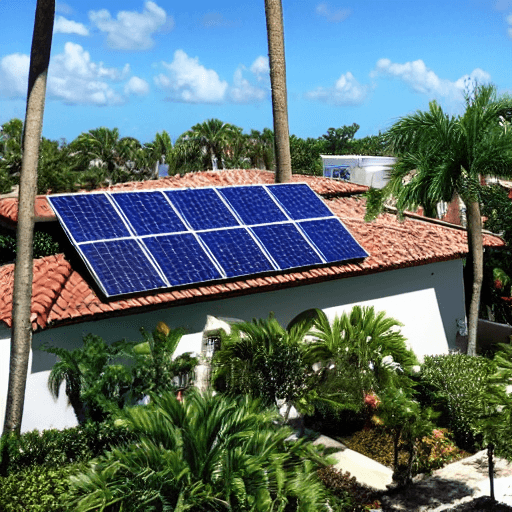AI generated: Solar panels on a Mediterranean tile roof with a waterview in a south florida area