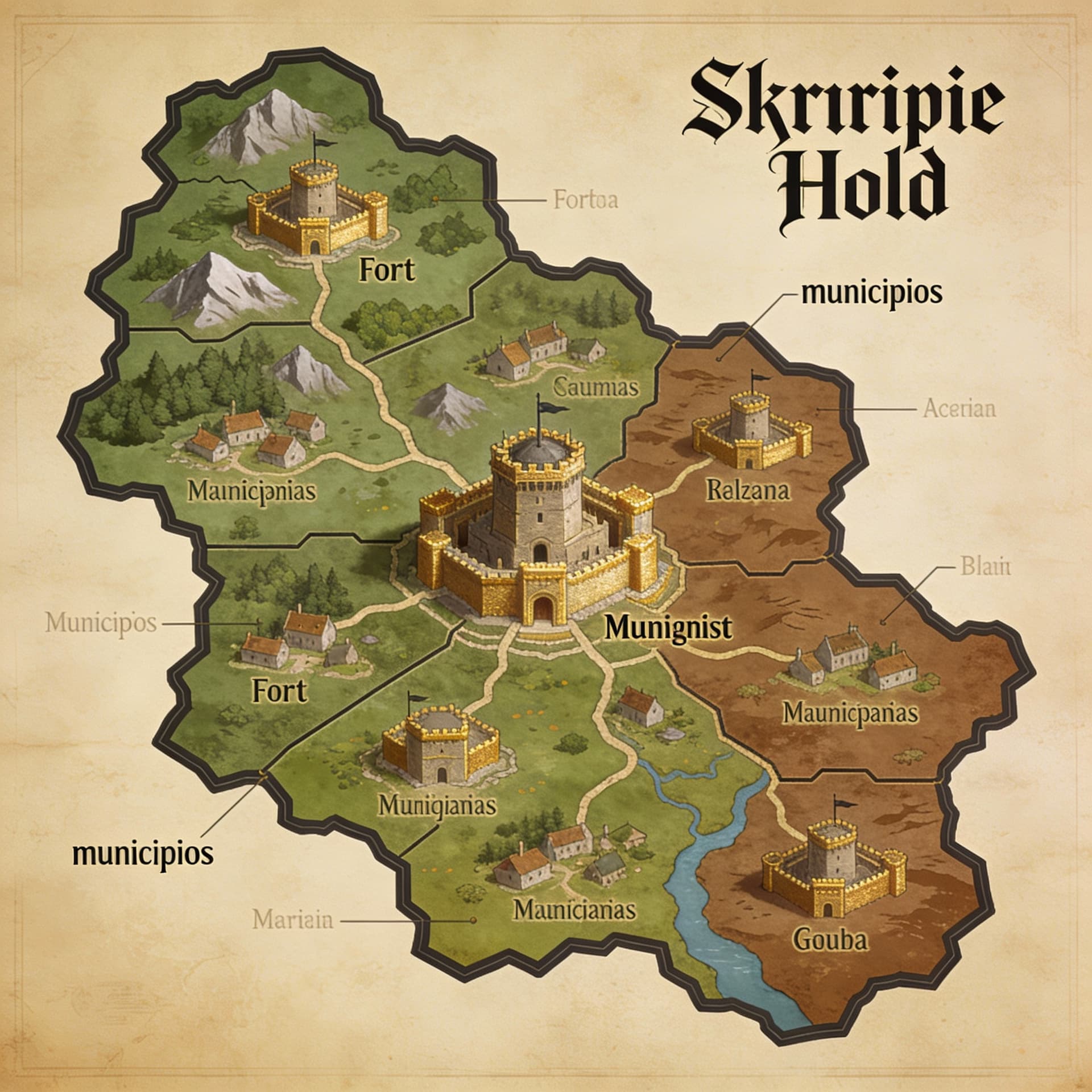 AI generated: gere um mapa do hold de skyrim, dividido em "municipios" contruçoes como fortes podem ser a contruça...