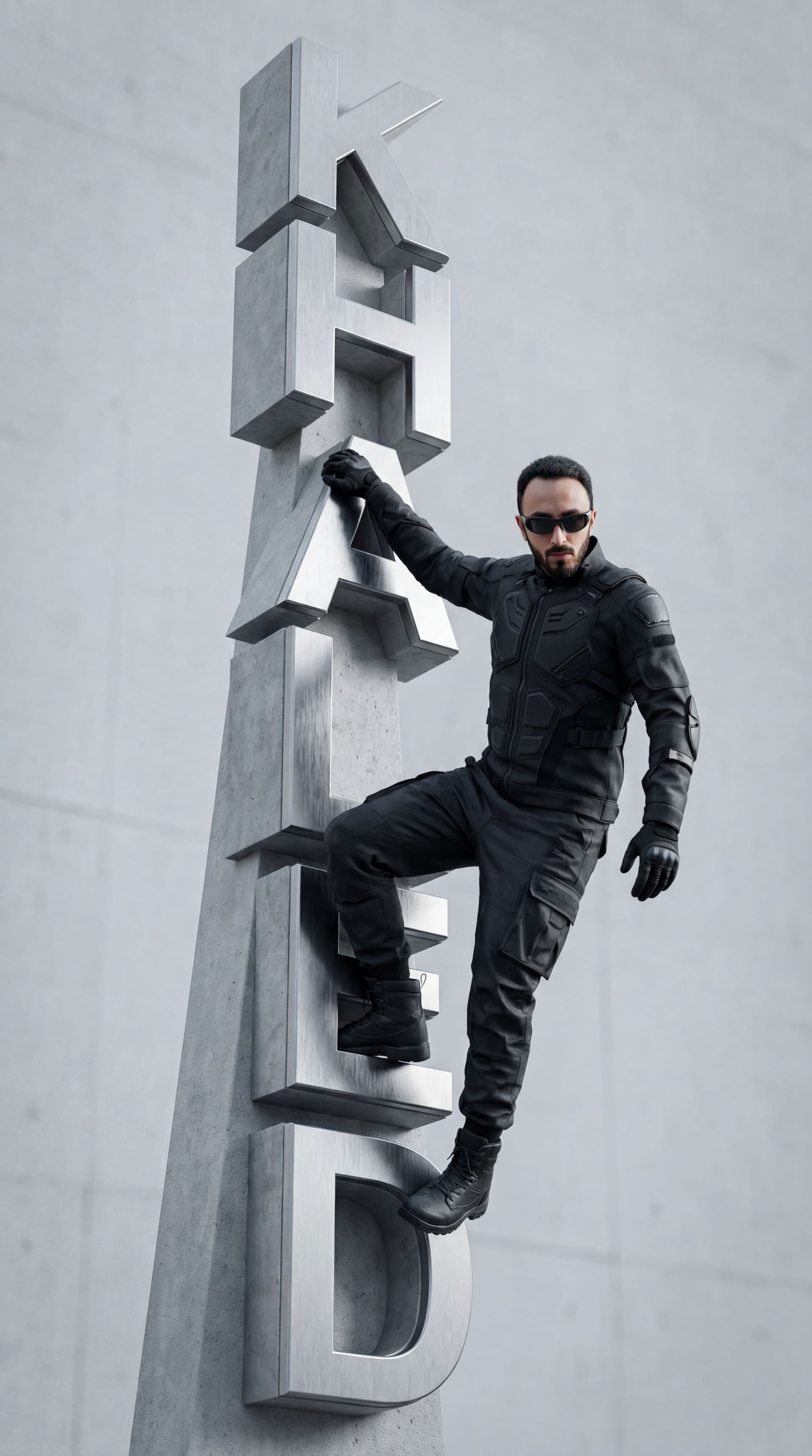 AI generated: Full-body 9:16 photorealistic cinematic image of a man (face 100% same as reference) climbing a tall...