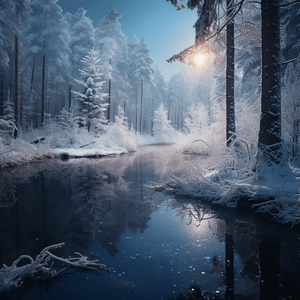 AI generated:  small lake surrounded by a frozen taiga forest, snow on the trees, winter, complex details, masterp...