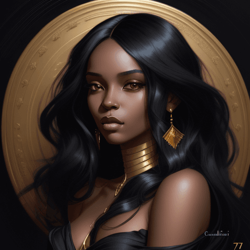AI generated: a black woman with long black hair in a gold painting, in the style of charlie bowater, dark blue an...