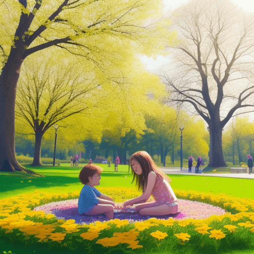 AI generated: sunny day in park, lots of flowers, kids happy together, calm and relax, nature.
