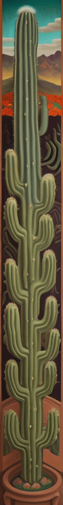 AI generated: mural art dark green of cactus desert whith flowers red, oil painting of diego rivera detailed paint...
