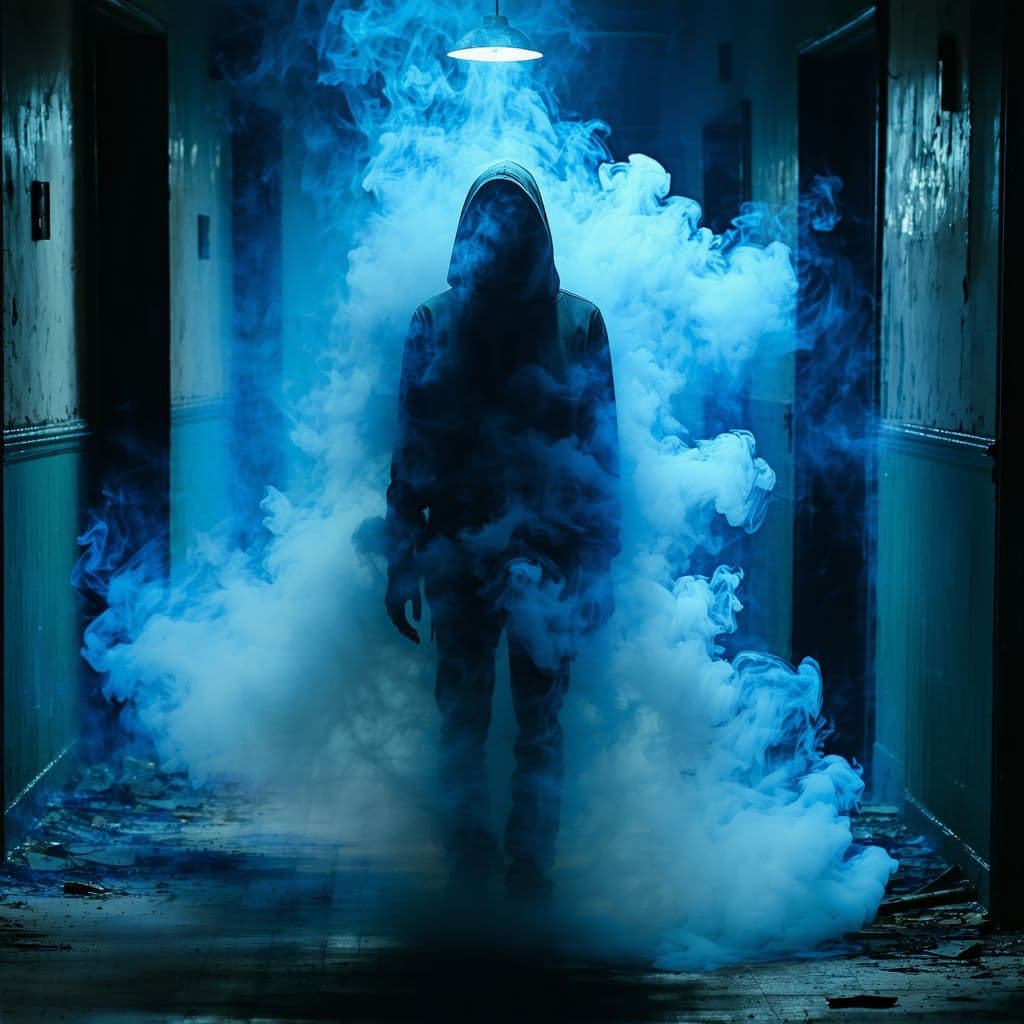 AI generated: surreal and atmospheric image, figure standing in a corridor, disintegrating into wispy, smoke-like ...