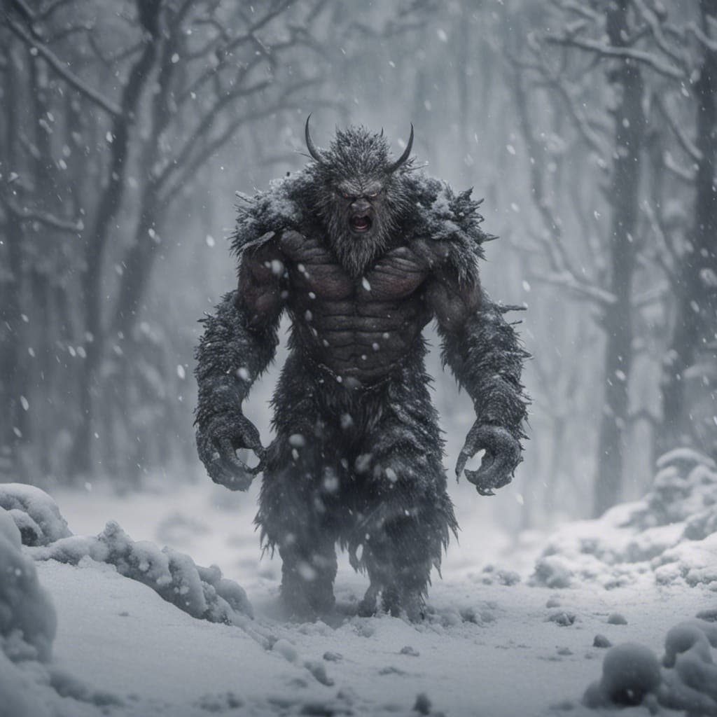 AI generated: In the heart of a blizzard, a man's fury is met by a creature's icy rage, the snow-covered landscape...