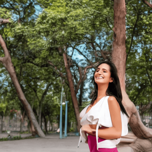 AI generated: mujer joven feliz, bonita,en el parque ,sol, ropa clara,ojos claros,cuerpo entero