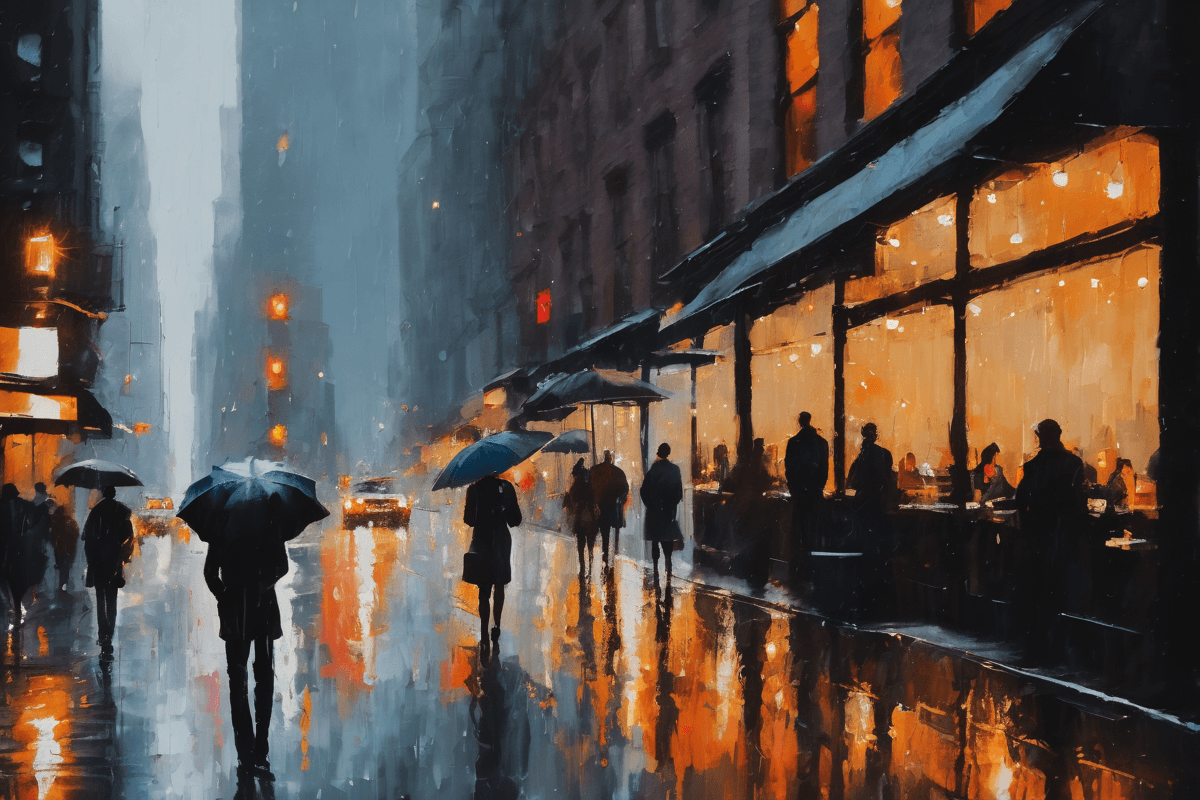 AI generated: New York City, a coffee shop window, raining, umbrella, people, night, puddle, reflection, created f...